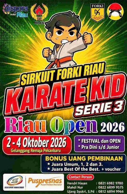 FORKI Riau Gelar Karate Kid Serie 3 Riau Open 2026, Dipantau Langsung Puspresnas