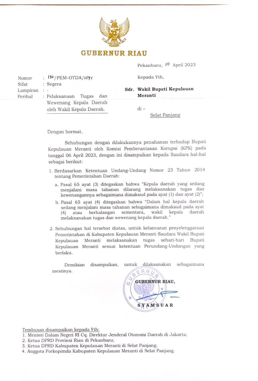 Wabup Asmar Resmi Ditunjuk Pelaksana Tugas Bupati Meranti