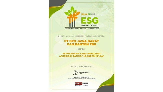 Bank BJB Raih Leadership AA dalam ESG Disclosure Awards