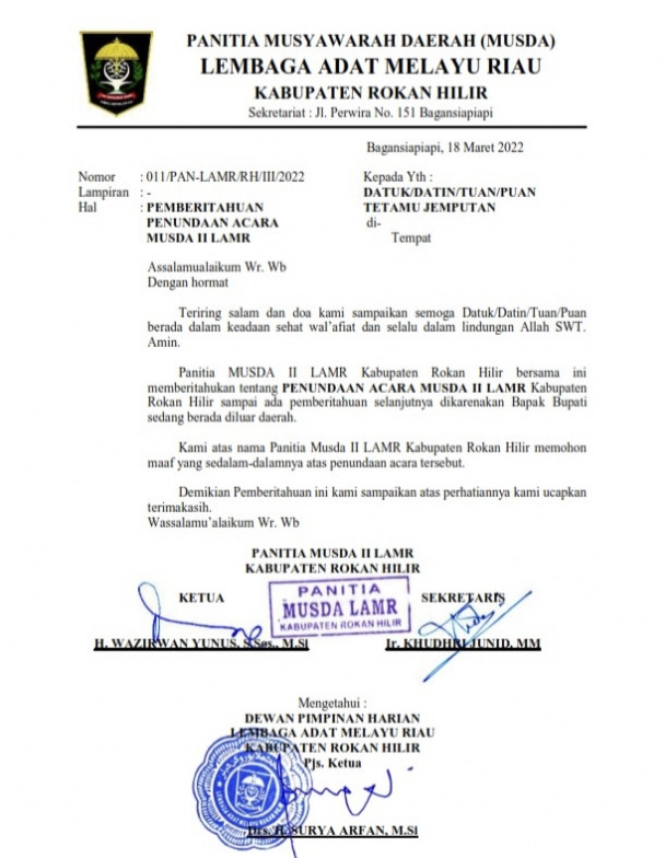 Bupati Keluar Daerah, Musda II LAMR Rohil Ditunda