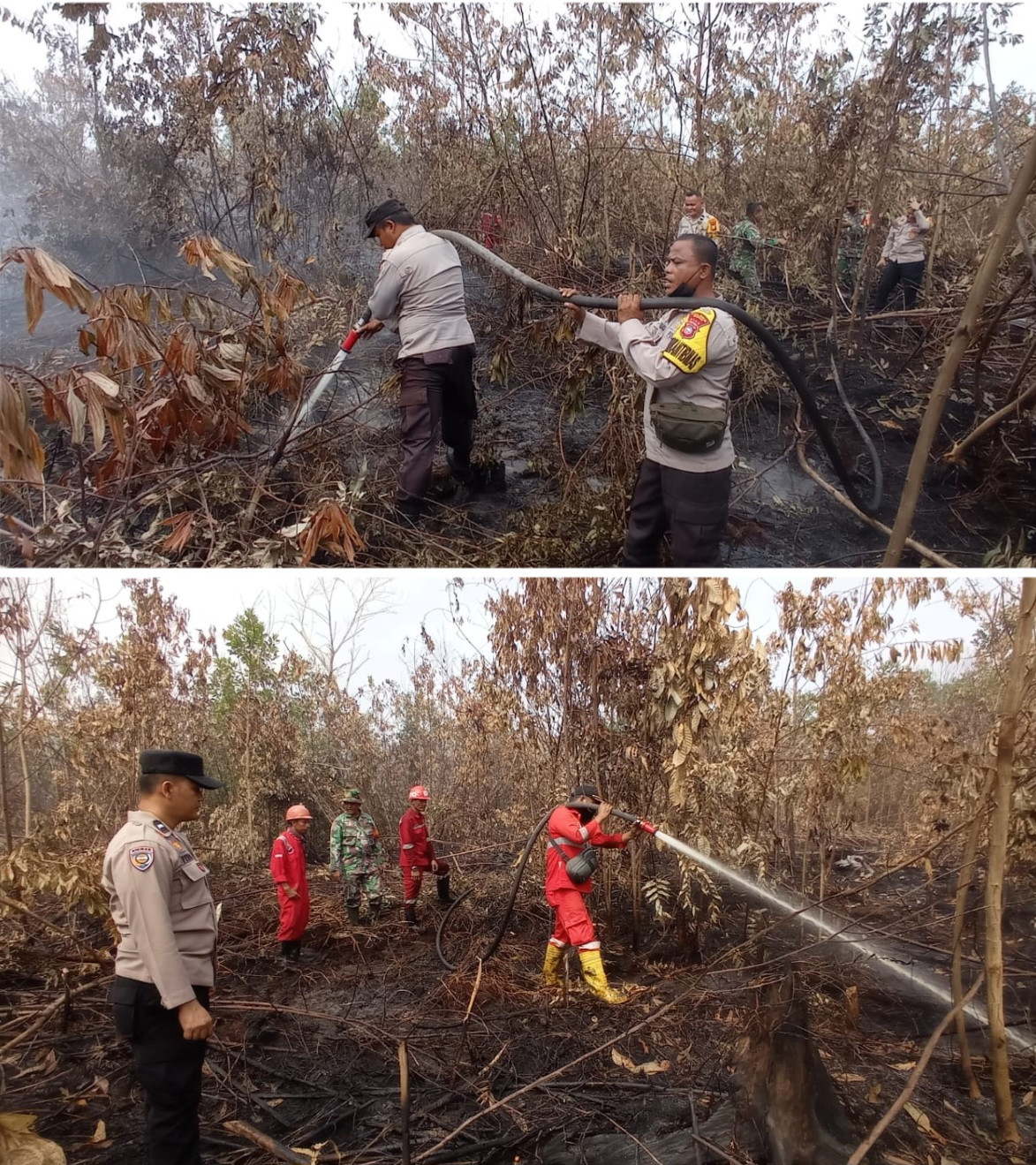 Agar Tidak Muncul Titik Api Lagi, Polsek Tambang Laksanakan Giat Pendinginan Bekas Kebakaran Lahan
